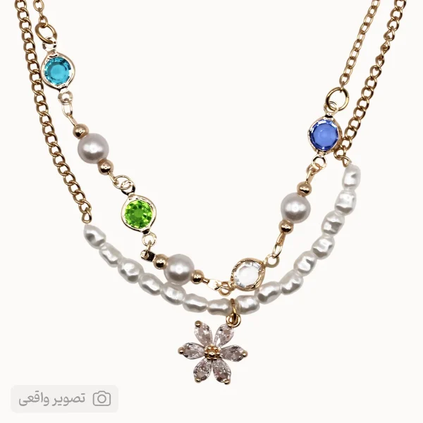 گردنبند دخترانه دو لاین مرواریدی با آویز گل | فروشگاه اینترنتی زابزبا