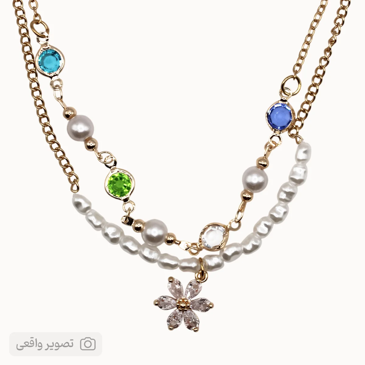 گردنبند دخترانه دو لاین مرواریدی با آویز گل | فروشگاه اینترنتی زابزبا